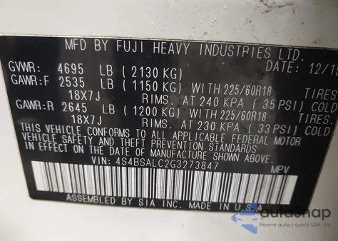 2016 Subaru Outback 2.5I Limited z USA, uszkodzony, nr VIN 4S4BSALC2G3273847